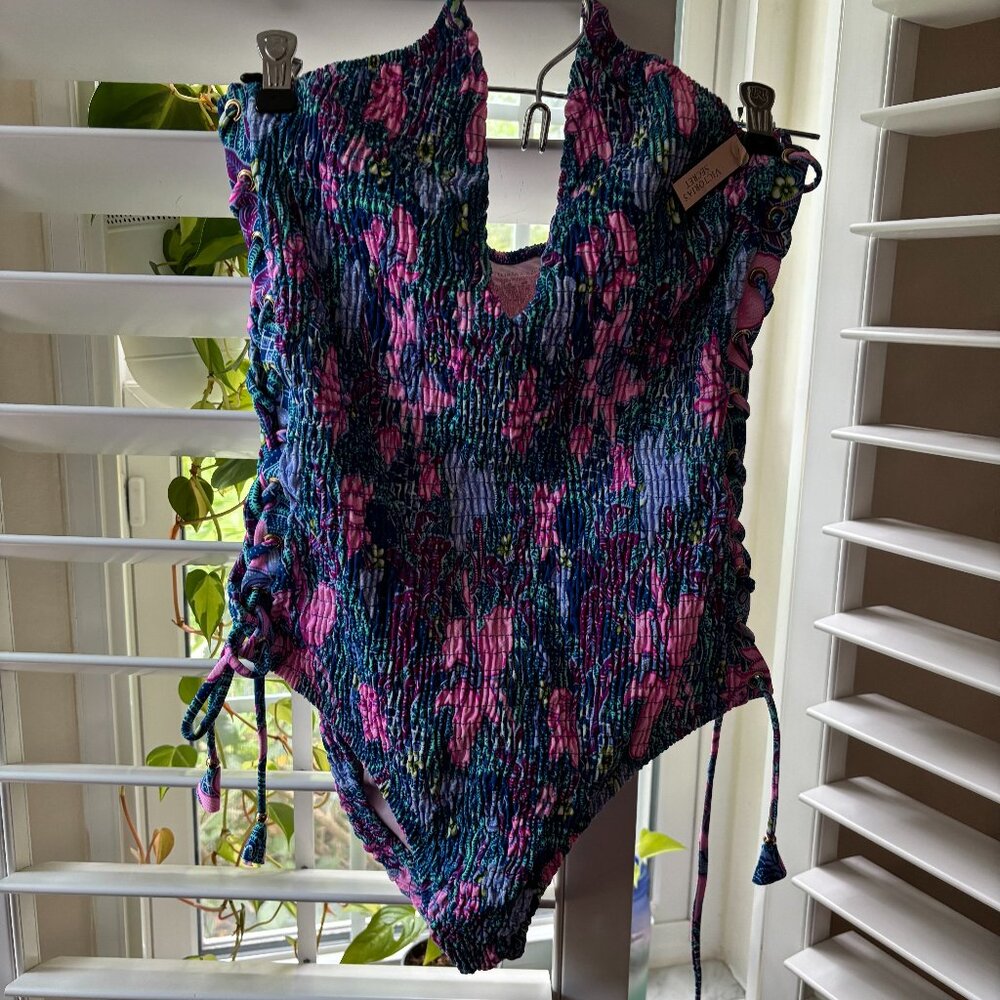 New Victorias Secret Corset Side Ties Crinkle One Piece Swimsuit Size Medium